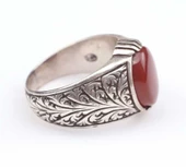 925 Ayar Gümüş Kırmızı Akik Taşlı İşlemeli Erkek Yüzük thumbnail 7