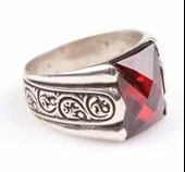 925 Ayar Gümüş Kare Sentetik Yakut Taşlı İşlemeli Erkek Yüzük - 4