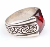 925 Ayar Gümüş Kare Sentetik Yakut Taşlı İşlemeli Erkek Yüzük - 5