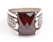 925 Ayar Gümüş Kare Sentetik Yakut Taşlı İşlemeli Erkek Yüzük - 7