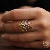 925 Ayar Gümüş Kalın Zikzak Yüzük, 3 Renk thumbnail 4