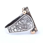 925 Ayar Gümüş ve Bronz Dikdörtgen Siyah Mineli Elif Vav Harf Desenli Erkek Yüzük thumbnail 2