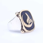 925 Ayar Gümüş ve Bronz Mavi Mineli Ay ve Kurt Desenli Erkek Yüzük thumbnail 2