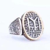 925 Ayar Gümüş ve Bronz Karışımı Dövmeli Kayı Boyu Motifli Erkek Yüzük thumbnail 2