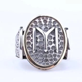 925 Ayar Gümüş ve Bronz Karışımı Dövmeli Kayı Boyu Motifli Erkek Yüzük thumbnail 4