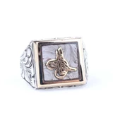 925 Ayar Gümüş ve Bronz Karışımı Kare Gri Mineli Osmanlı Tuğrası Erkek Yüzük thumbnail 3