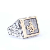 925 Ayar Gümüş ve Bronz Karışımı Kare Gri Mineli Osmanlı Tuğrası Erkek Yüzük thumbnail 1