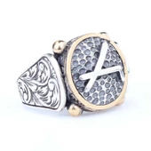 925 Ayar Gümüş ve Bronz Karışımı Dövmeli Çepni Boyu Sembolü Erkek Yüzük thumbnail 2