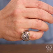 925 Ayar Gümüş ve Bronz Karışımı Dövmeli Çepni Boyu Sembolü Erkek Yüzük thumbnail 5