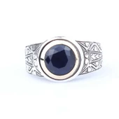 925 Ayar Gümüş ve Bronz Karışımı Safir Taşlı Erkek Yüzük thumbnail 4