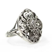 925 Ayar Gümüş Siyah Rodajlı Yonca Antik Desenli Yüzük thumbnail 2