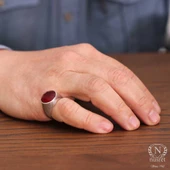 925 Ayar Gümüş Yakut Rengi Erkek Yüzüğü - 6