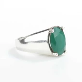 925 Ayar Gümüş Oval Yeşil Taşlı Tırnaklı Klasik Erkek Yüzük thumbnail 1