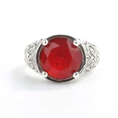 925 Ayar Gümüş Tırnaklı Yuvarlak Kırmızı Taşlı Desenli Erkek Yüzük thumbnail 4