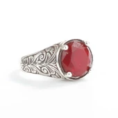 925 Ayar Gümüş Tırnaklı Yuvarlak Kırmızı Taşlı Desenli Erkek Yüzük thumbnail 1