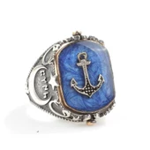 925 Ayar Gümüş Çapa Dümen Mineli Erkek Yüzük thumbnail 7