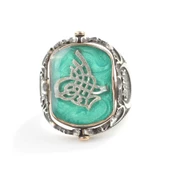 925 Ayar Gümüş Tuğra Kayı Boyu Ay Yıldızlı Yeşil Mineli Dönen Erkek Yüzük thumbnail 7