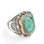 925 Ayar Gümüş Tuğra Kayı Boyu Ay Yıldızlı Yeşil Mineli Dönen Erkek Yüzük thumbnail 5