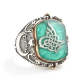 925 Ayar Gümüş Tuğra Kayı Boyu Ay Yıldızlı Yeşil Mineli Dönen Erkek Yüzük thumbnail 6