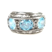 925 Ayar Gümüş Elişi Kalemli 3\'lü Akuamarin Mavi Taşlı Erkek Yüzük thumbnail 3