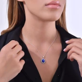 925 Ayar Gümüş Çiçek Tasarım Oval Lapis Taşlı Kolye thumbnail 1