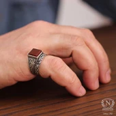 925 Ayar Gümüş Kare Akik Taşlı Sarmaşık Desenli Çiftli Erkek Yüzük thumbnail 5