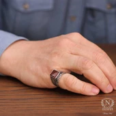 925 Ayar Gümüş Kare Akik Taşlı Sarmaşık Desenli Çiftli Erkek Yüzük thumbnail 1