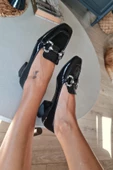 10 1832 Topukla Kadın Loafer Toka Detaylı Deri Makosen Günlük Ayakkabı Siyah - 7