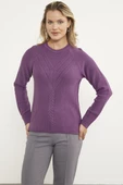 Arkası Uzun Önü Örgü Detaylı Triko Kazak - Lila thumbnail 3