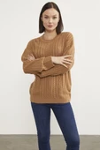 Saç Örgü Detaylı Basic Triko Kazak - Kamel - 3