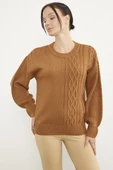 Prenses Kol Örgü Detaylı Triko Kazak - Kamel thumbnail 3