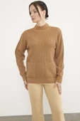 Petek Örgü Dik Yaka Triko Kazak - Kamel thumbnail 4