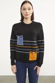Blok Cepli Renk Çizgili Triko Kazak - Siyah thumbnail 1