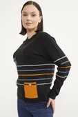 Blok Cepli Renk Çizgili Triko Kazak - Siyah thumbnail 4