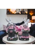 Bahçede Tavşanlar Pembe Gri Biblo Dekorasyon - 1