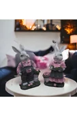 Bahçede Tavşanlar Pembe Gri Biblo Dekorasyon - 3