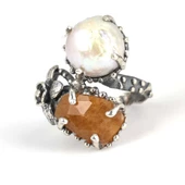 925 Ayar Gümüş Kehribar Ve İnci Taşlı Yüzük thumbnail 4