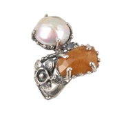 925 Ayar Gümüş Kehribar Ve İnci Taşlı Yüzük thumbnail 1