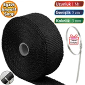 1 Metre 5 cm Cam Elyaf Ekzoz Sargısı Metal Kelepçe Manifold Sargı Bezi Yanmaz Bant Siyah Amyant 3 mm (Kalınlık) thumbnail 1