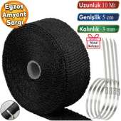 10 metre 5 cm Cam Elyaf Ekzoz Sargısı Metal Kelepçe Manifold Sargı Bezi Yanmaz Bant Siyah Amyant 3 mm (Kalınlık) thumbnail 1