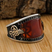 925 Ayar Gümüş Osmanlı Tuğralı Kırmızı Akik Taşlı Yüzük thumbnail 1