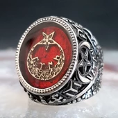 925 Ayar Gümüş Kırmızı Mineli  Ayyıldızlı Vatan Yazılı Yüzük thumbnail 1