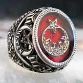 925 Ayar Gümüş Kırmızı Mineli  Ayyıldızlı Vatan Yazılı Yüzük thumbnail 2