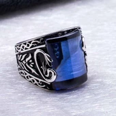 925 Ayar Gümüş Mavi Zirkon Taşlı Vav Erkek  Yüzük thumbnail 4