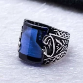 925 Ayar Gümüş Mavi Zirkon Taşlı Vav Erkek  Yüzük thumbnail 3