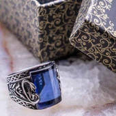 925 Ayar Gümüş Mavi Zirkon Taşlı Vav Erkek  Yüzük thumbnail 1