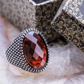 925 Ayar Gümüş Oval Kırmızı Zirkon Taşlı Erkek Yüzük thumbnail 1