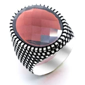 925 Ayar Gümüş Oval Kırmızı Zirkon Taşlı Erkek Yüzük thumbnail 2