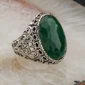 Büyük Oval Yeşil Zirkon Taşlı Erkek Gümüş Yüzük - 2