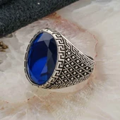Oval Mavi Zirkon Taşlı Gümüş Erkek Yüzük thumbnail 3